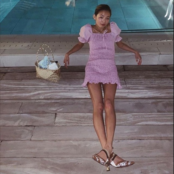 Faithfull the brand Annibelis Smocked linen Mini Dress purple - Picture 9 of 10